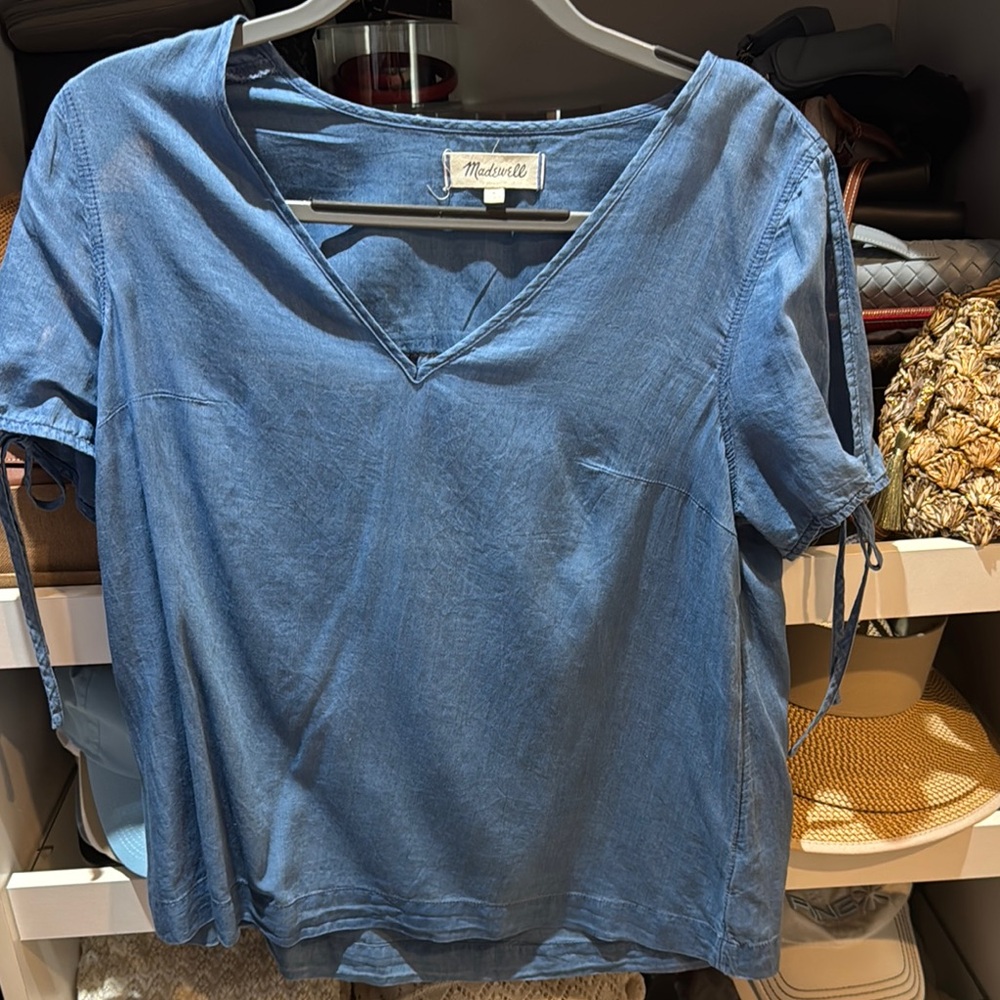 Madewell Indigo Tie-Sleeve V-Neck Blouse